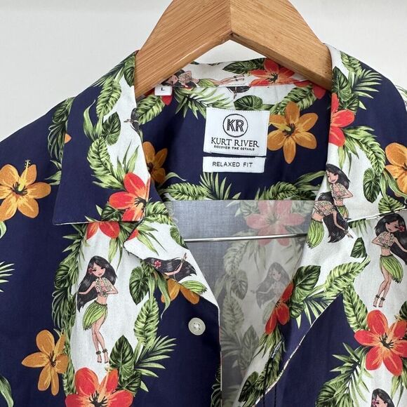 Kurt River Shirt Mens Large Hawaiian Hula Girl Floral Tiki Camp All Over Print - Picture 3 of 9